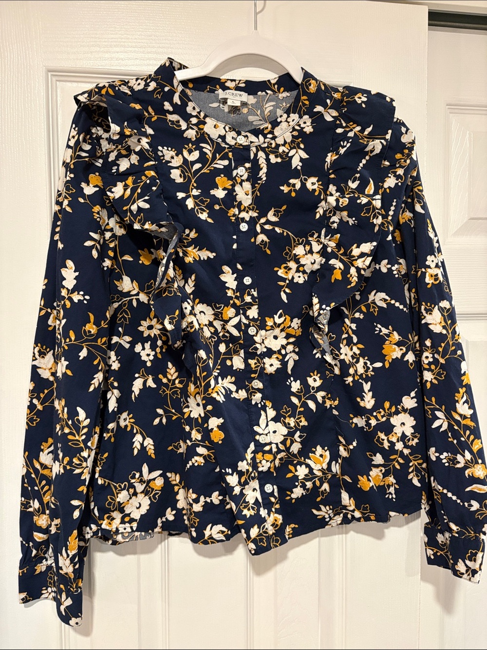 J. Crew Navy Floral Ruffle-Trim Blouse